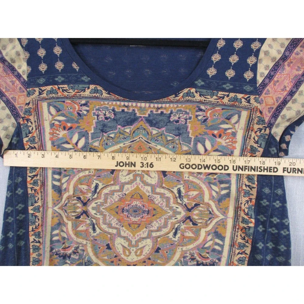 Lucky Brand Women 1X Navy Blue Medallion Scarf Print Short Sleeve Scoop Neck Top